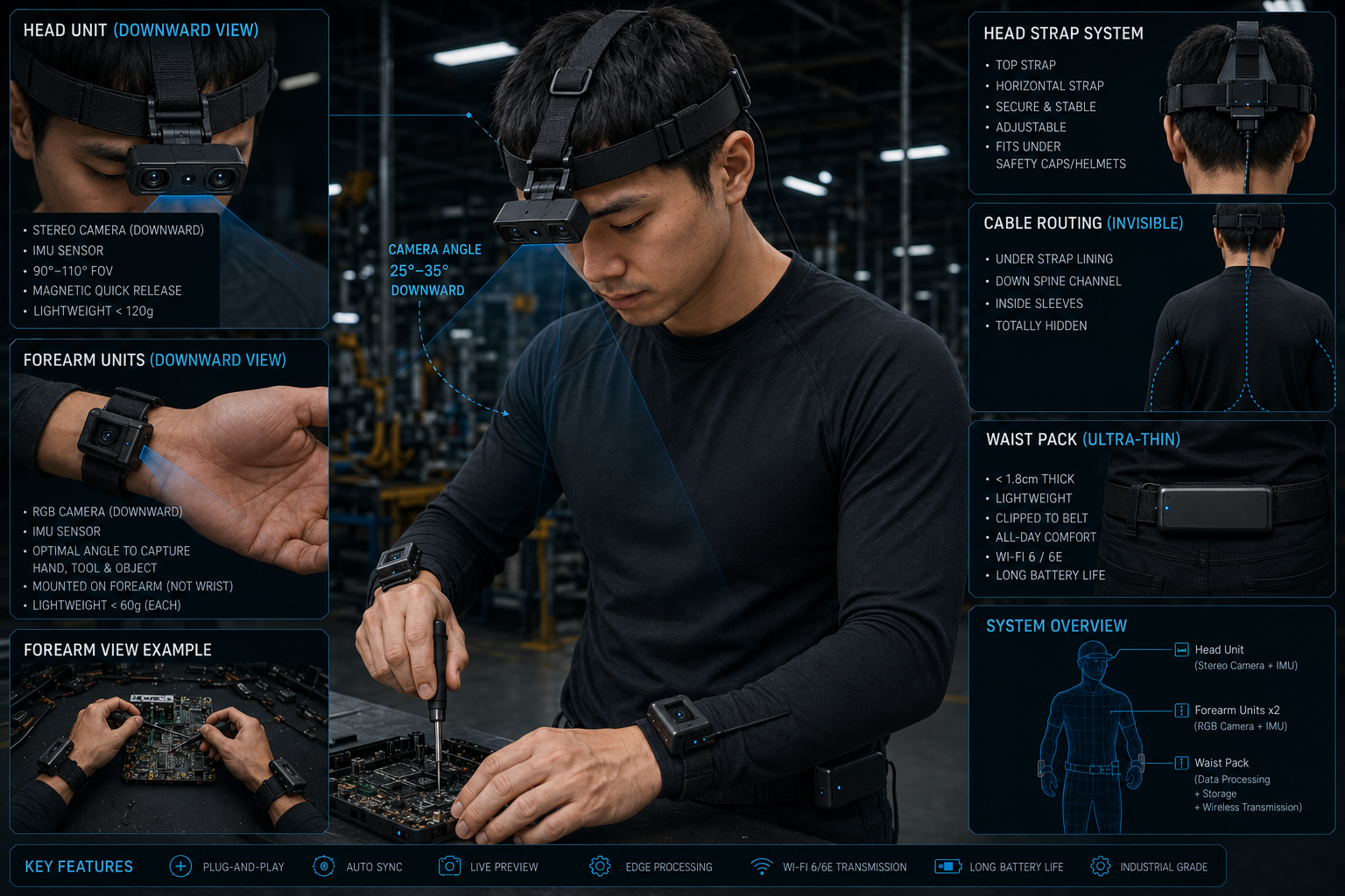 Tbrain capture pack — head unit + forearm units + waist pack
